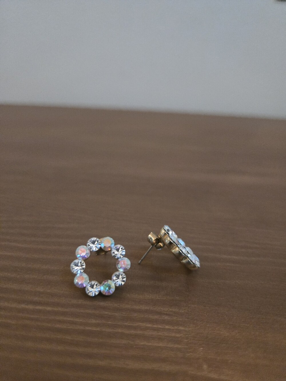 Gold Crystal Colors Circle Stud Earrings - Clear/Opal Sparkle